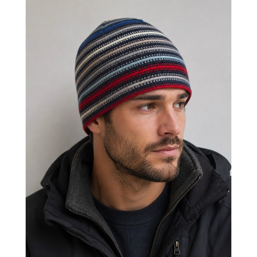 French Connection 100% Wool Striped Beanie Hat Made in‎ UK Blue Red Gray Unisex